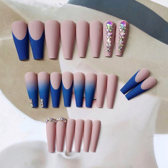 NEW Blue + Nude Crystal Embellished Fake Nails Rhinestone Coffin Nails - Picture 2 of 3